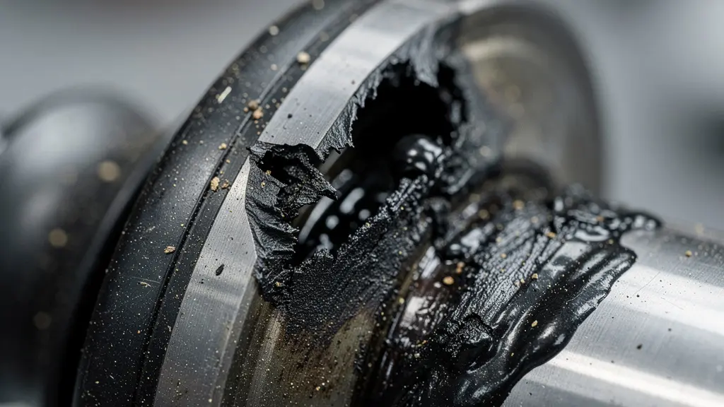 Gros plan sur un soufflet de cardan endommagé avec traces de graisse projetée