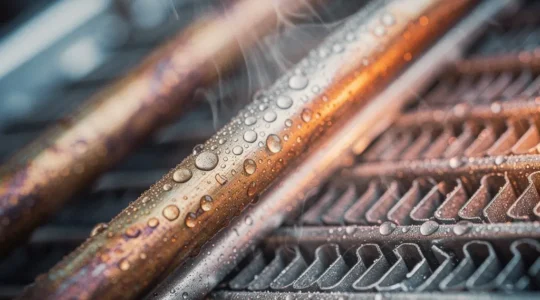 Vue macro d'un moteur surchauffé avec vapeur et condensation sur les pièces métalliques