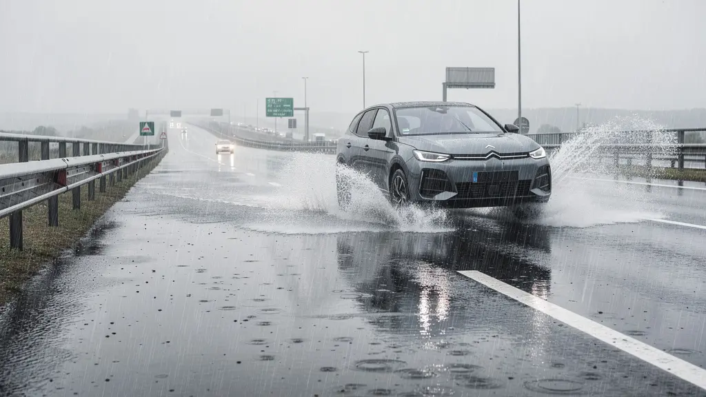 Vue latérale d'un SUV sur autoroute française sous forte pluie avec gerbes d'eau