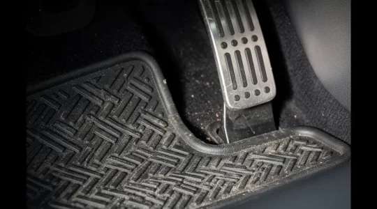 Vue rapprochée du pédalier d'une voiture avec tapis sur mesure parfaitement ajusté