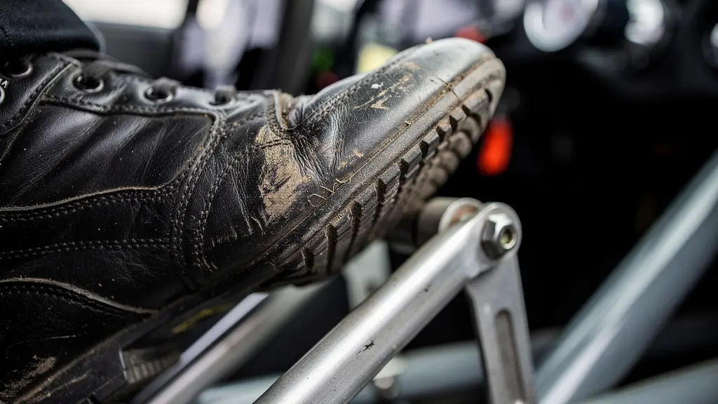 Gros plan sur une pédale de frein et le pied d'un pilote démontrant la technique du freinage dégressif