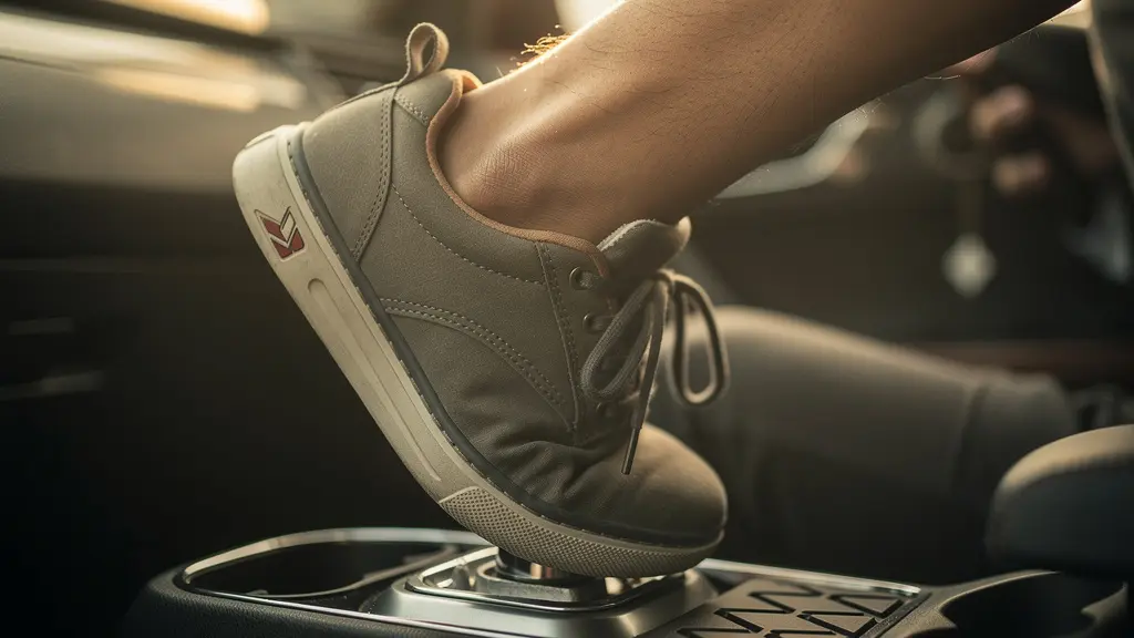 Profil latéral d'un pied sur pédale d'embrayage montrant le mouvement en deux phases