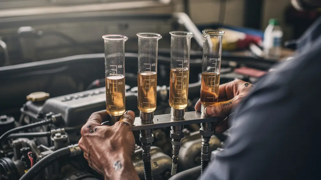 Test de retour d'injecteurs diesel avec burettes graduées montrant différents niveaux de gasoil