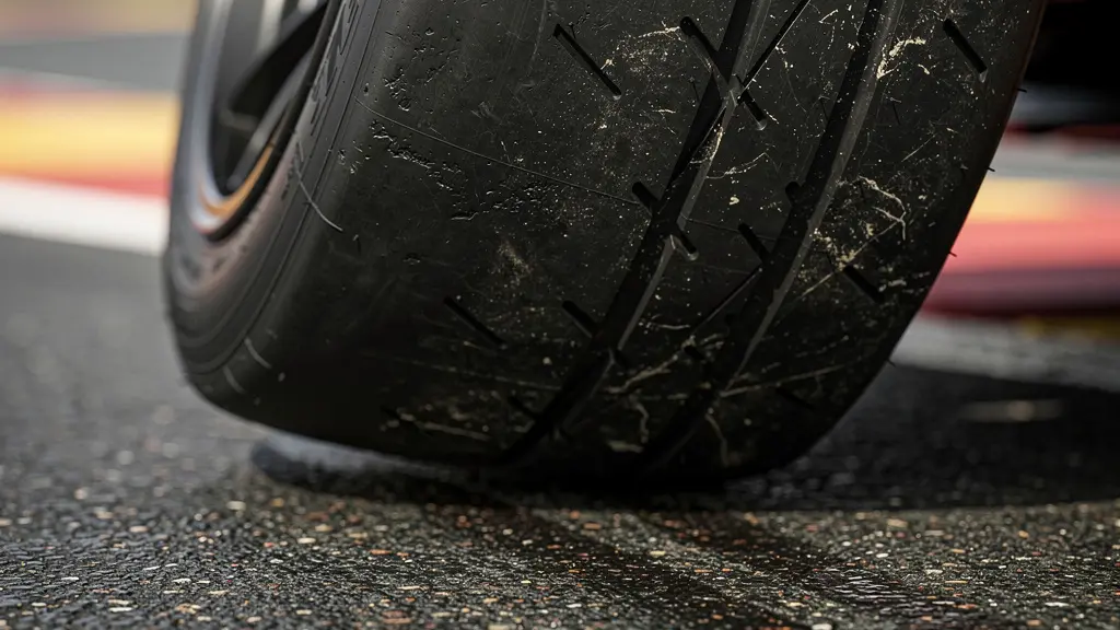 Détail macro d'un pneu avant sous charge en virage montrant la déformation de la gomme
