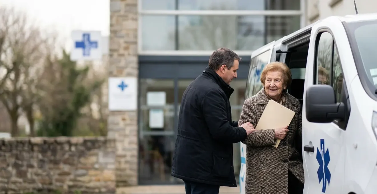 Véhicule sanitaire léger stationné devant un centre de rééducation français