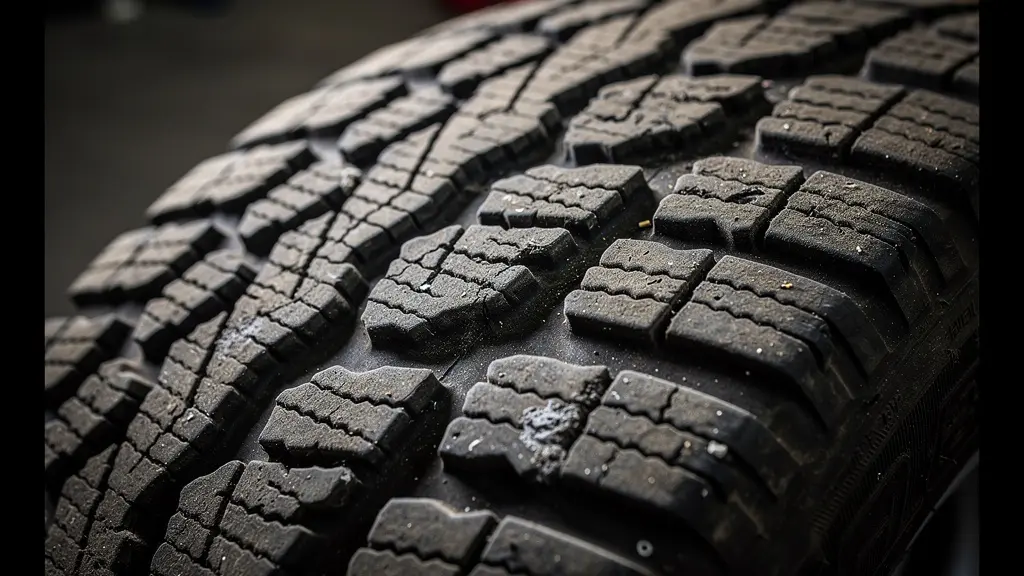 Détail d'un pneu montrant une usure en facettes caractéristique d'amortisseurs défaillants