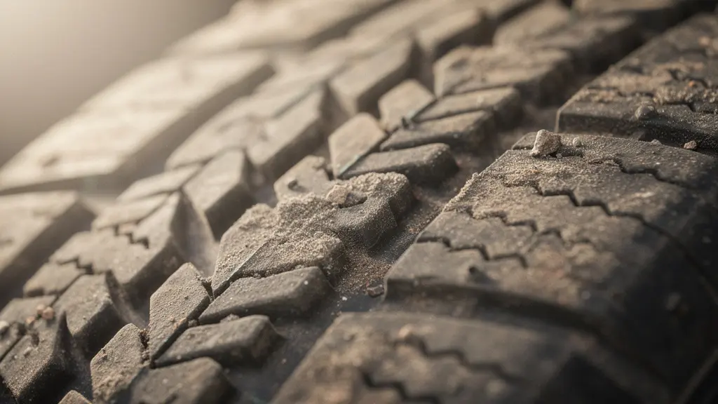 Gros plan macro sur la surface d'un pneu montrant l'usure caractéristique en facettes causée par des amortisseurs défaillants