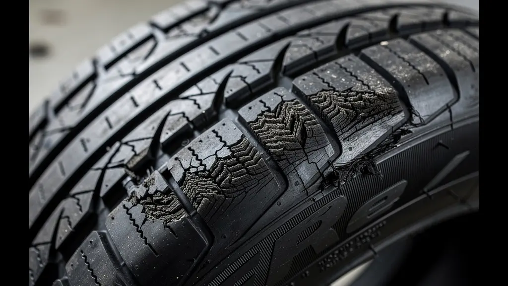 Gros plan sur un pneu avant usé d'une voiture électrique montrant l'usure asymétrique