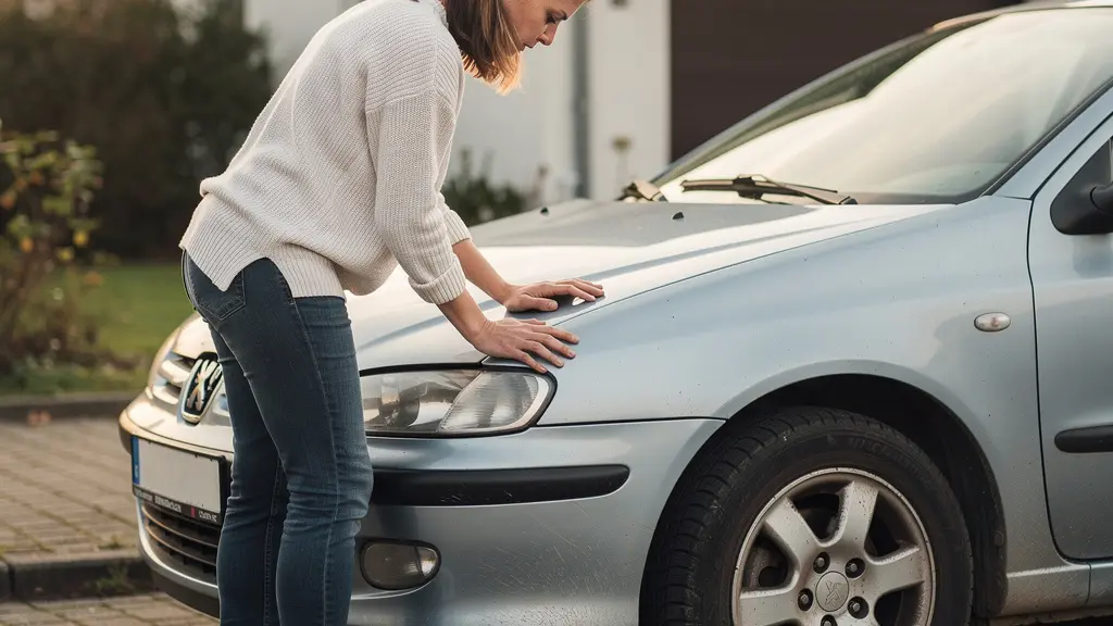 Propriétaire inspectant son véhicule de plus de 10 ans dans une allée résidentielle