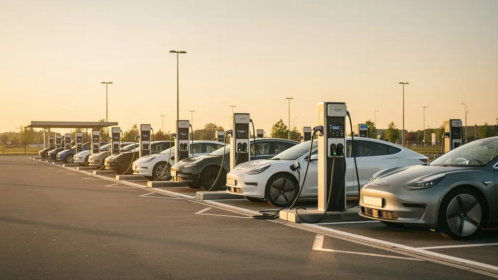 Vue large d'une station de recharge moderne avec plusieurs véhicules électriques sous un ciel crépusculaire