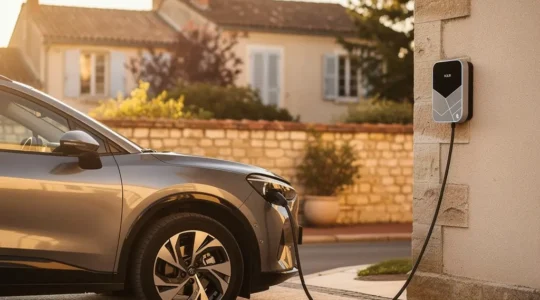 Un véhicule hybride rechargeable en charge sur une wallbox domestique au coucher du soleil dans un environnement résidentiel français