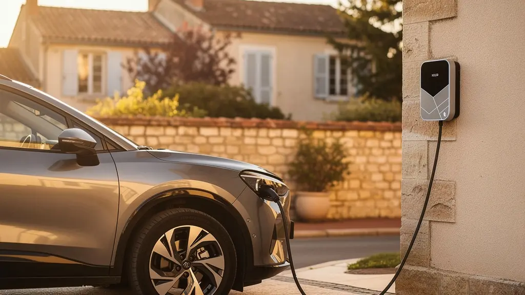 Un véhicule hybride rechargeable en charge sur une wallbox domestique au coucher du soleil dans un environnement résidentiel français