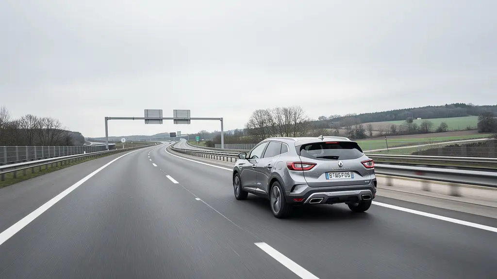 Vue latérale d'un SUV sur autoroute française montrant l'effet du vent latéral sur la stabilité du véhicule