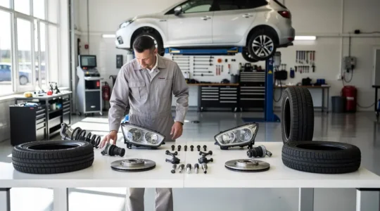 Mécanicien inspectant des pièces automobiles dans un garage moderne avec éclairage d'inspection professionnel