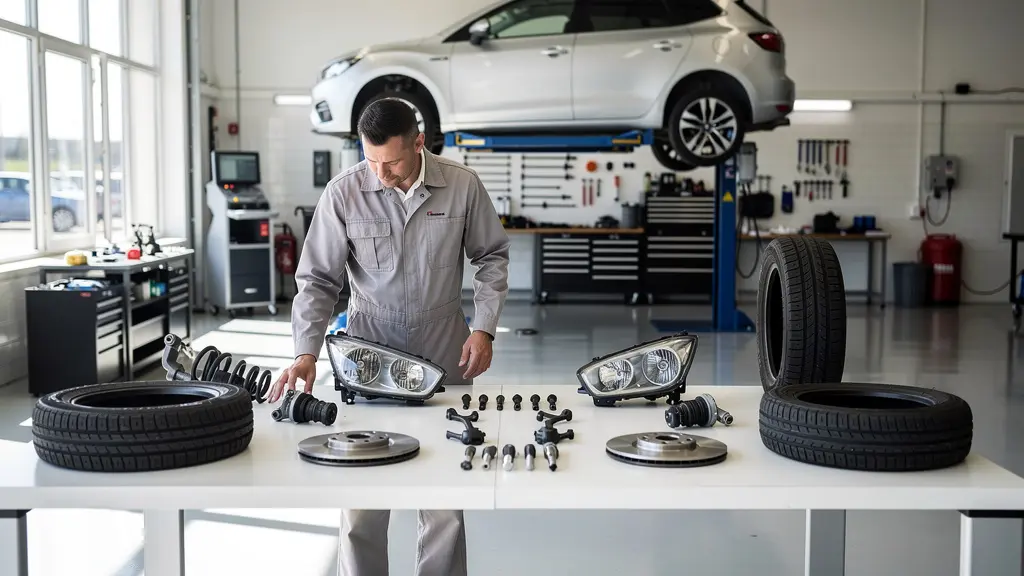 Mécanicien inspectant des pièces automobiles dans un garage moderne avec éclairage d'inspection professionnel