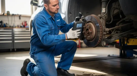 Mécanicien inspectant le système de freinage et les amortisseurs d'une voiture en atelier