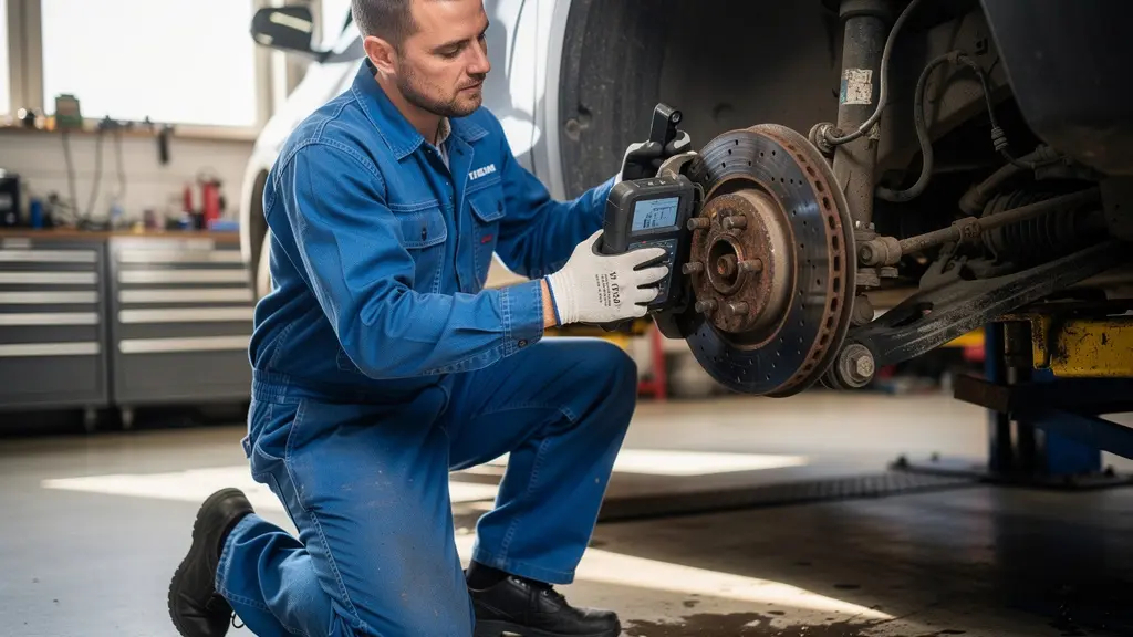 Mécanicien inspectant le système de freinage et les amortisseurs d'une voiture en atelier