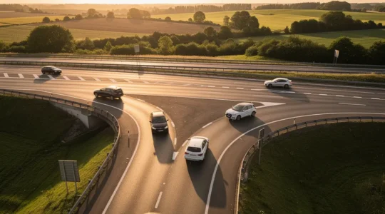 Vue aérienne d'une bretelle d'accélération sur autoroute française avec voitures en insertion