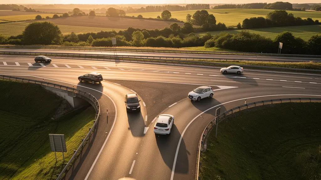 Vue aérienne d'une bretelle d'accélération sur autoroute française avec voitures en insertion