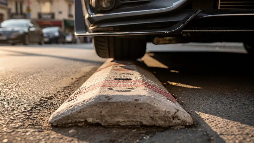 Vue de profil d'une voiture sport confrontée à un ralentisseur urbain typique français