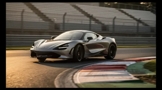 Voiture de sport en situation de sous-virage sur circuit, vue dynamique en courbe