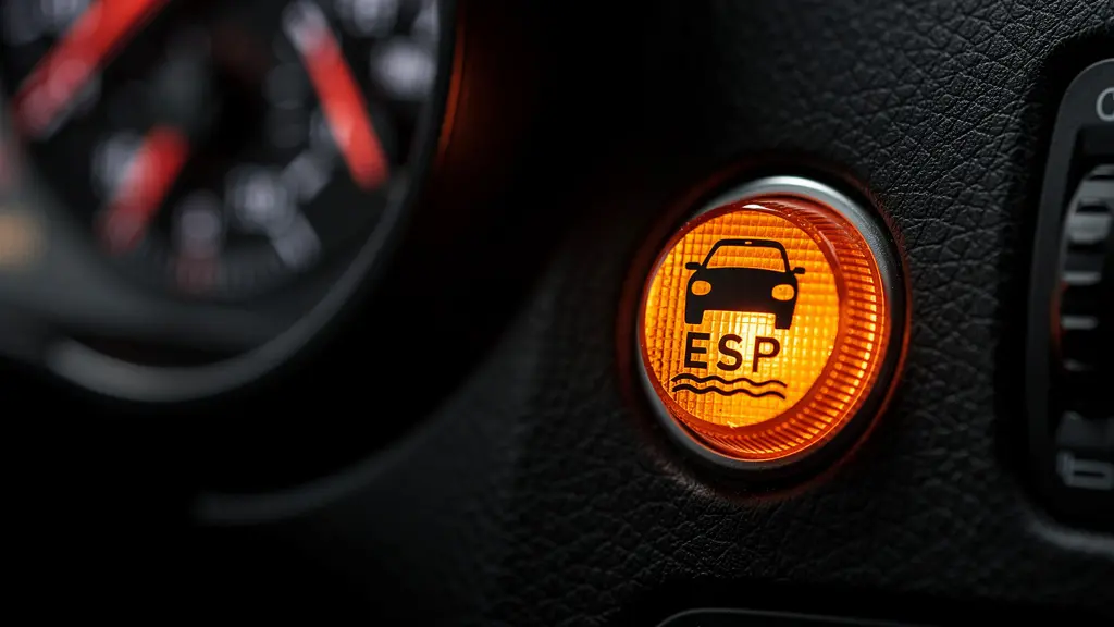 Tableau de bord automobile avec voyant ESP orange clignotant en forme de voiture sur traces sinueuses