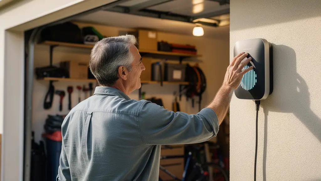 Installation d'une wallbox dans un garage de maison française avec véhicule hybride rechargeable