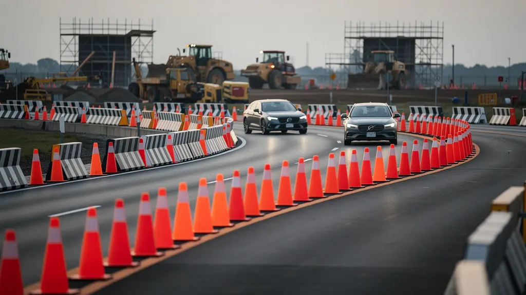 Zone de travaux sur autoroute avec cônes orange et voies décalées