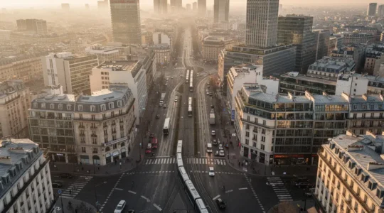 Vue aérienne d'une métropole française avec zones de circulation et véhicules modernes